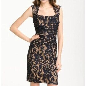 Tadashi Shoji Dress Cocktail Lace Overlay Black Nude Square Neck NWT - Size 6